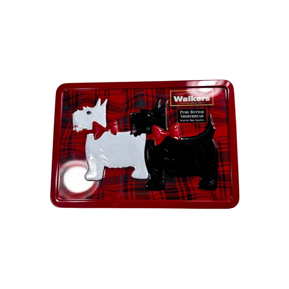 Walkers Shortbread Scottie Dog Tin Red Tartan Plaid Embossed Metal Collectible